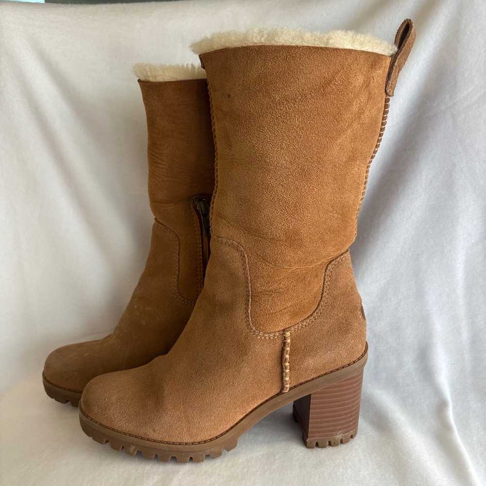 UGG Suede Shearling Lined Heeled Boots Chestnut Mid-Calf Lug Sole